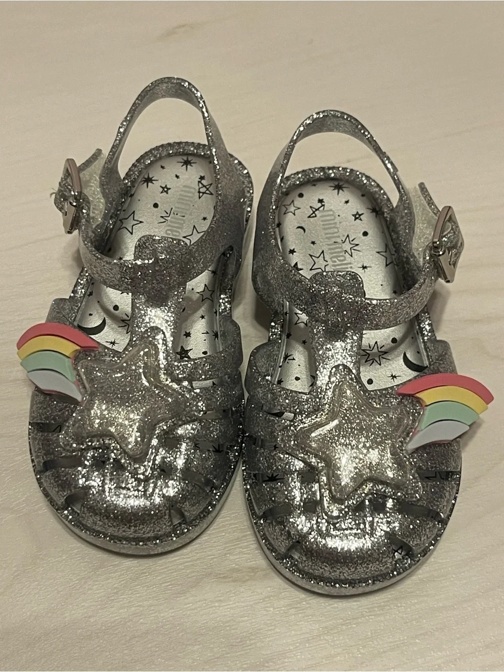 Mini Melissa Silver Glitter Jelly Sandals with Rainbow Star Charm